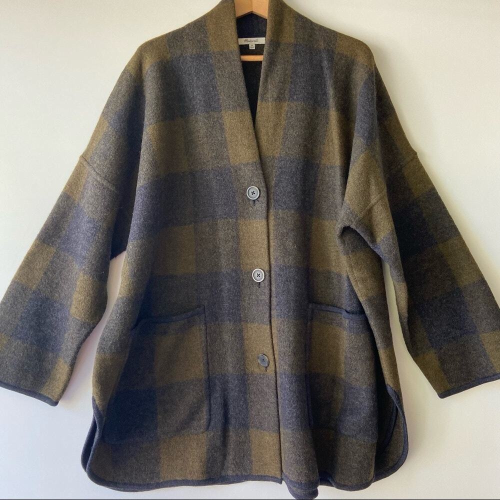Madewell Buffalo Check Sweater Coat 2X Boiled Merino Wool Heather Juniper Plaid